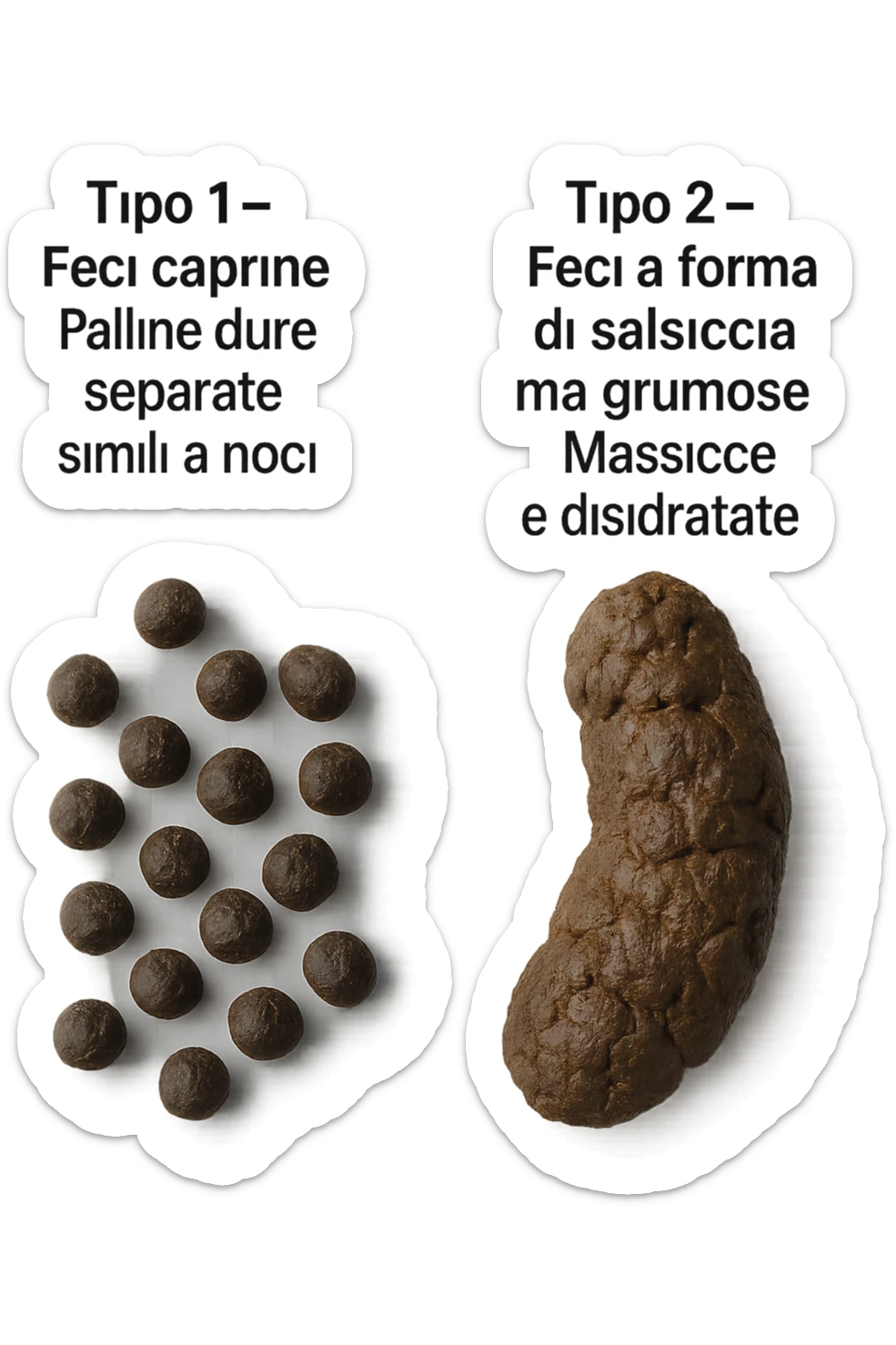 immagine di due tipi di feci iperrealistiche viste dall'alto con descrizione:
Tipo 1 – Feci caprine
Palline dure, separate, simili a noci

Tipo 2 – Feci a forma di salsiccia ma grumose
Massicce e disidratate.
 sticker
