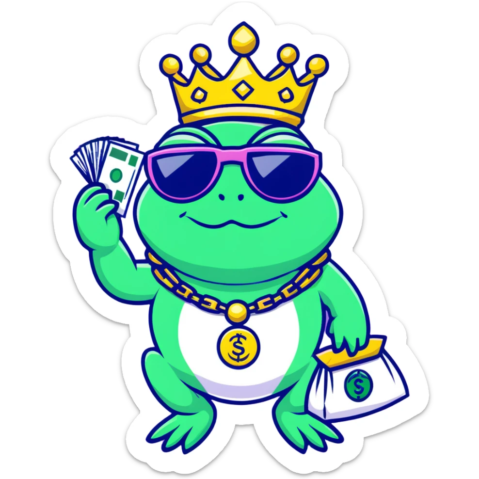 gangster frog king with gold crown, cool sunglasses, gold chain, money bag sticker