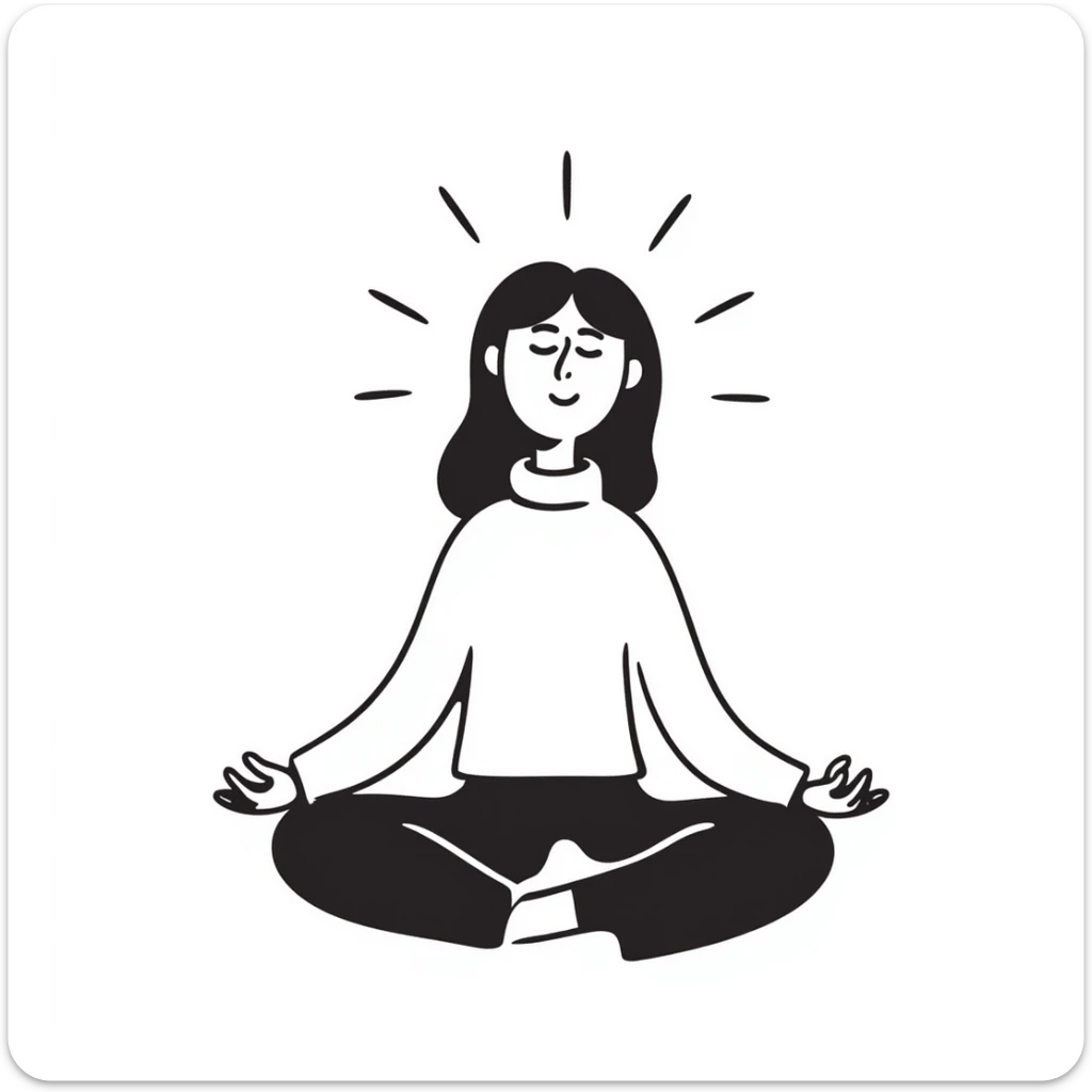 A person in a peaceful meditation pose with small waves of calmness radiating outward, representing mindfulness and stress relief. Simple hand-drawn doodle style. sticker