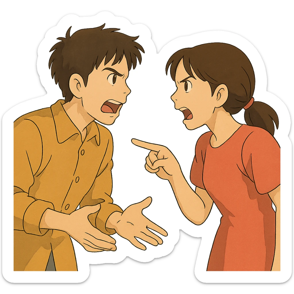 ghibli style illustration of a man and woman in a heated discussion sticker