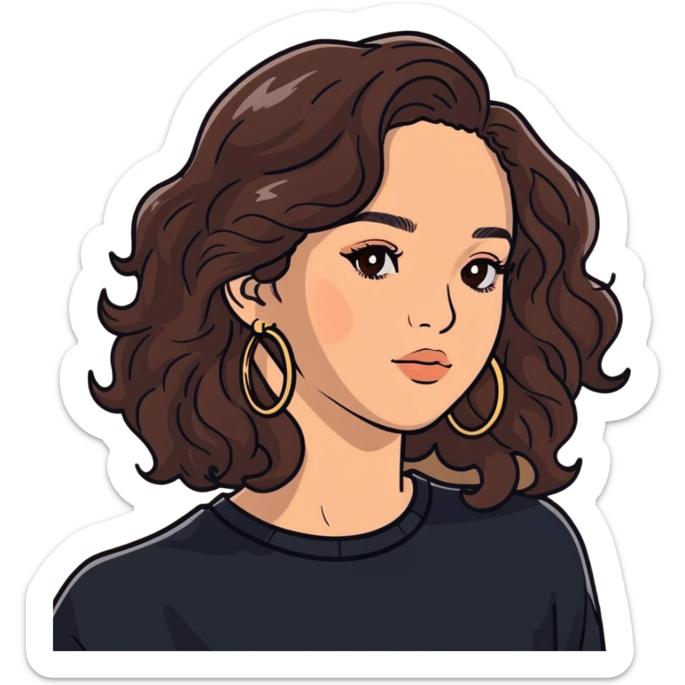 cute girl with curly/wavy balayage brunette hair, brown eyes, clean girl makeup, hoop earrings sticker