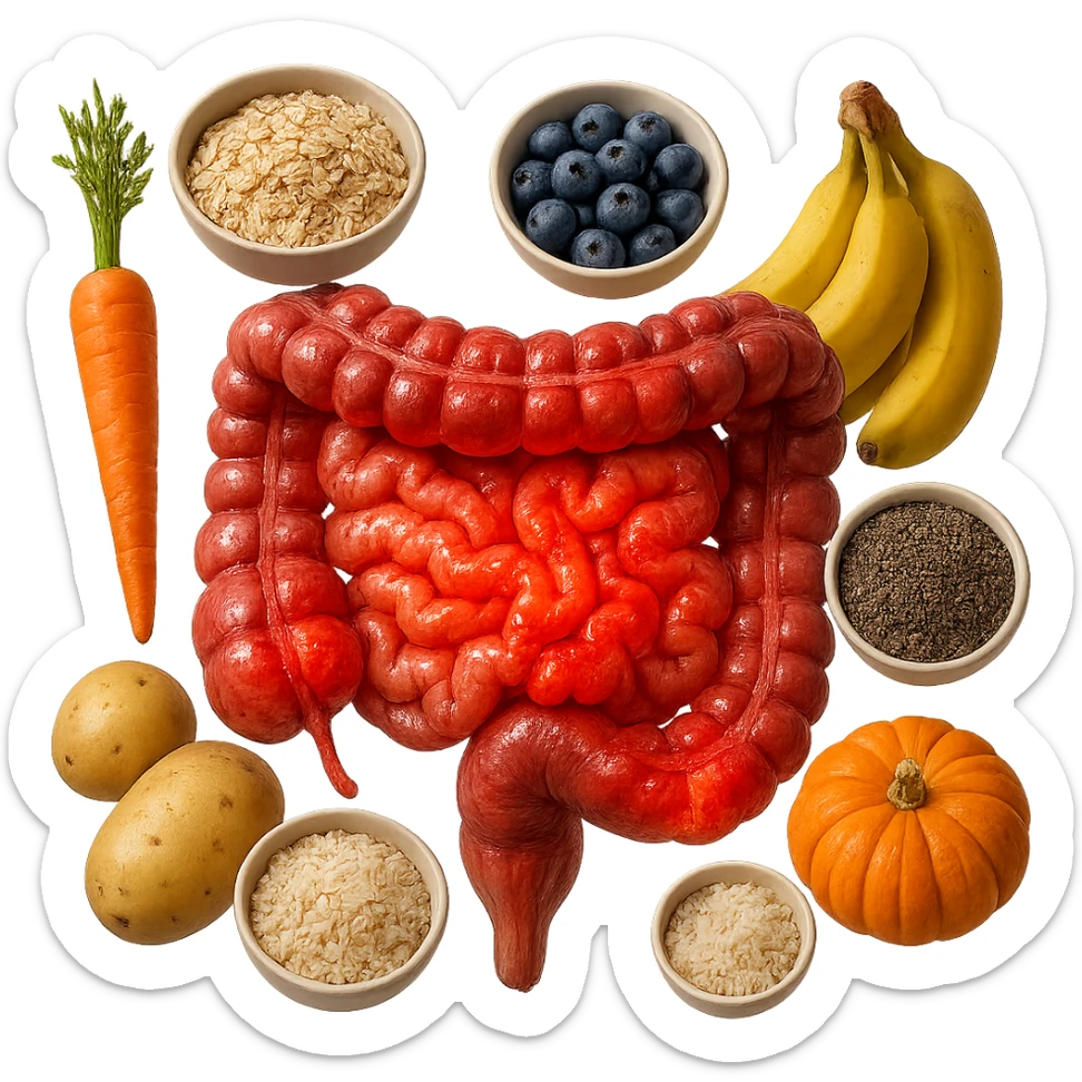intestino umano anatomico infiammato con carota, bowl di avena, mirtilli, bowl di semi di chia, patate, banane, zucca, bowl di riso che gli fluttuano intorno , iperrealistico 4k sticker
