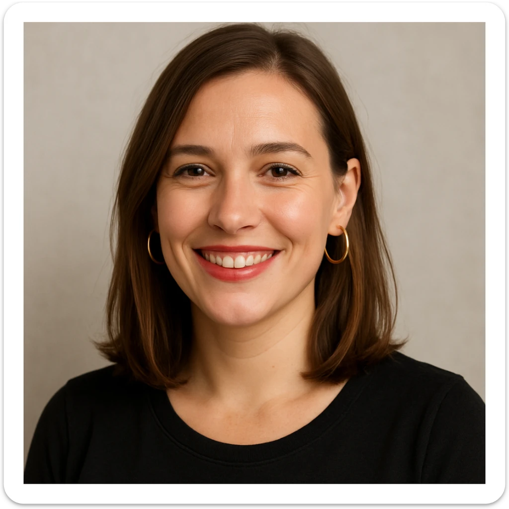 30 year old white woman with shoulder-length hair and brown eyes, left side of her hair tucked behind her ear, lipstick and hoop earrings, smiling, upper body portrait sticker