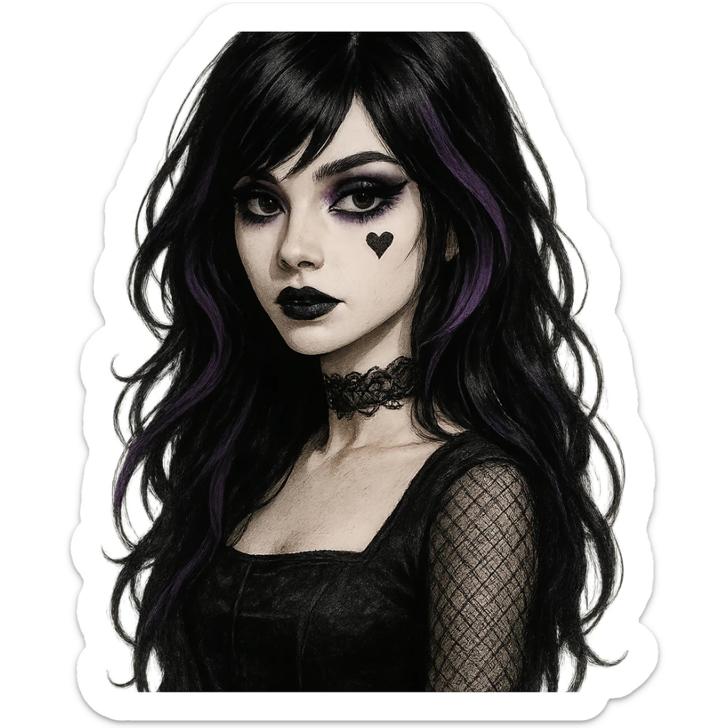 emo girl with heart face, dark hair, purple highlights, gothic makeup, mysterious and elegant sticker