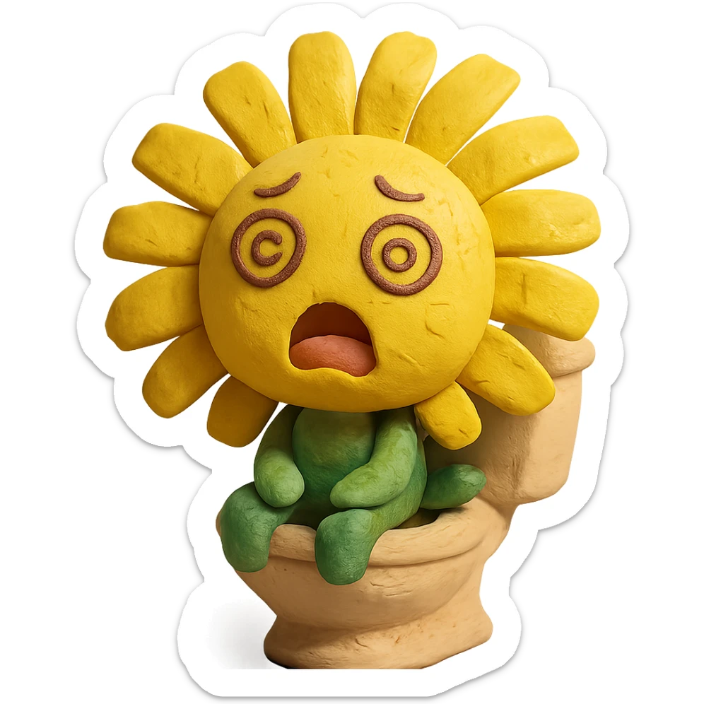 lemon yellow dandelion flower with a shocked face, sitting on a toilet with swirls in the eyes, soft colors, chibi expression sticker