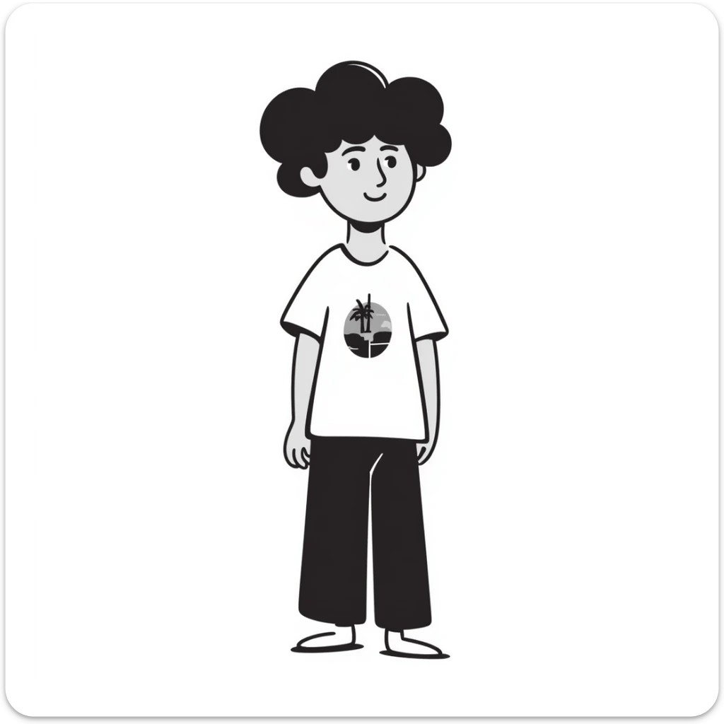 Teenage boy with messy curly hair, casual t-shirt, slight smile sticker