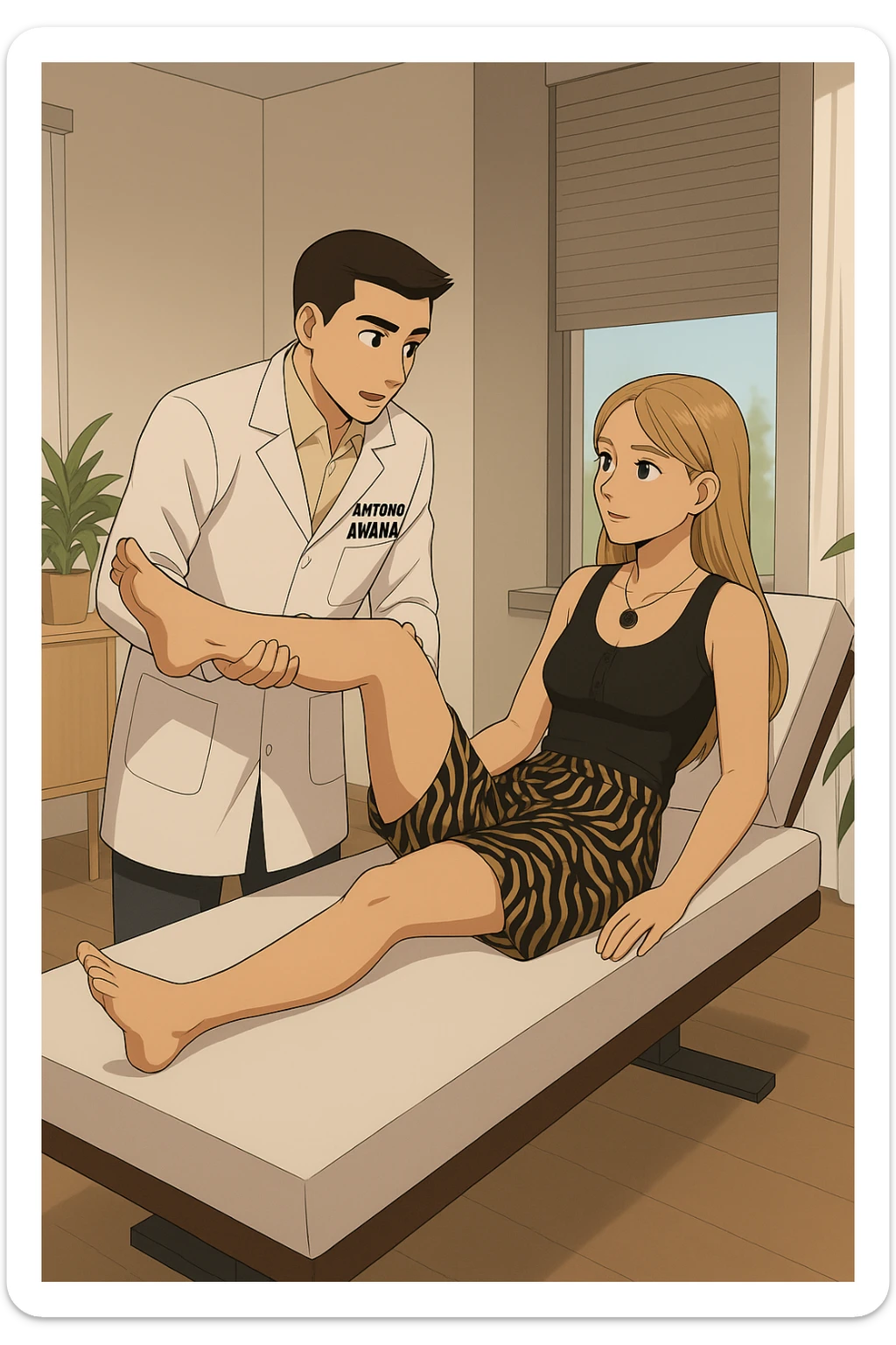 fai un webtoon/manga a colori con questo kinesiologo in camice bianco (fagli la scritta "ANTONIO ANANIA" SUL CAMICE) CHE SVOLGE UN TEST NEUROMUSCOLARE SOLLEVANDO UNA GAMBA ALLA RAGAZZA CHE è STESA SU UN LETTINO BIANCO. STANZA SEMPLICE E MODERNA, DURANTE IL TEST I DUE DIALOGANO TRA LORO. NON FARE I FUMETTI, FAI SOLO LORO COME SE DIALOGASSERO sticker