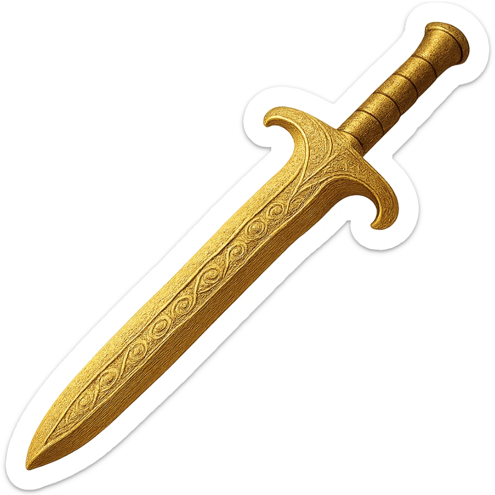 Recolor the sword to a rich, metallic plated gold color with ornate engravings inlaid with bright, reflective silver. Keep the exact shape and proportions of the original sword. The background should be transparent. The style should maintain the original look of the sword. sticker