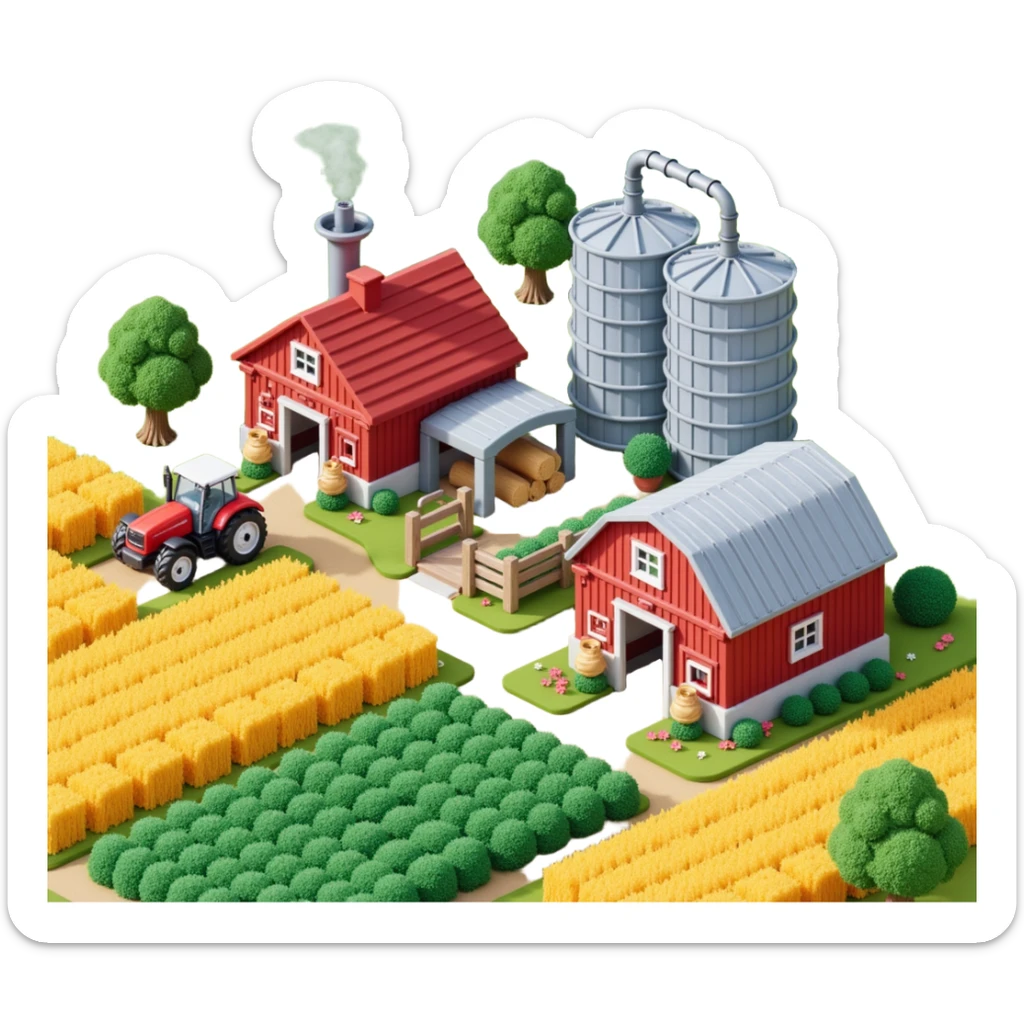Outside view of an industrial cartoon farm with small tractors driving through fields, metal silos, steam pipes and mechanical irrigation systems sticker