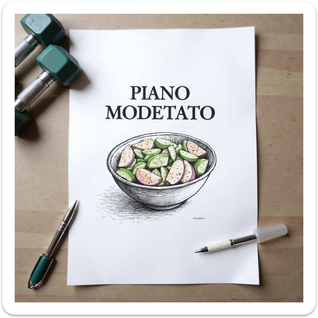 white sheet of paper with the text 'PIANO MODIFICATO', a drawn bowl of salad, drawn gym dumbbells, hyperrealism 4K, no background sticker