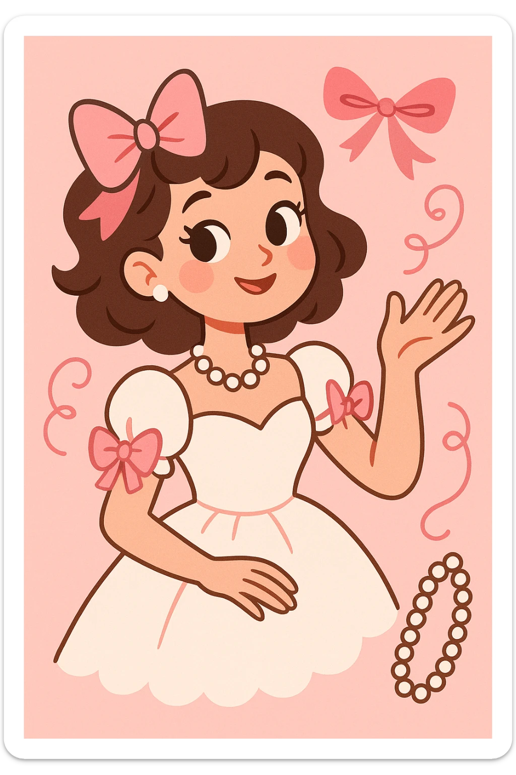 coquette style, pink and white color palette, girly, ribbons, pearls, vintage romantic vibe sticker