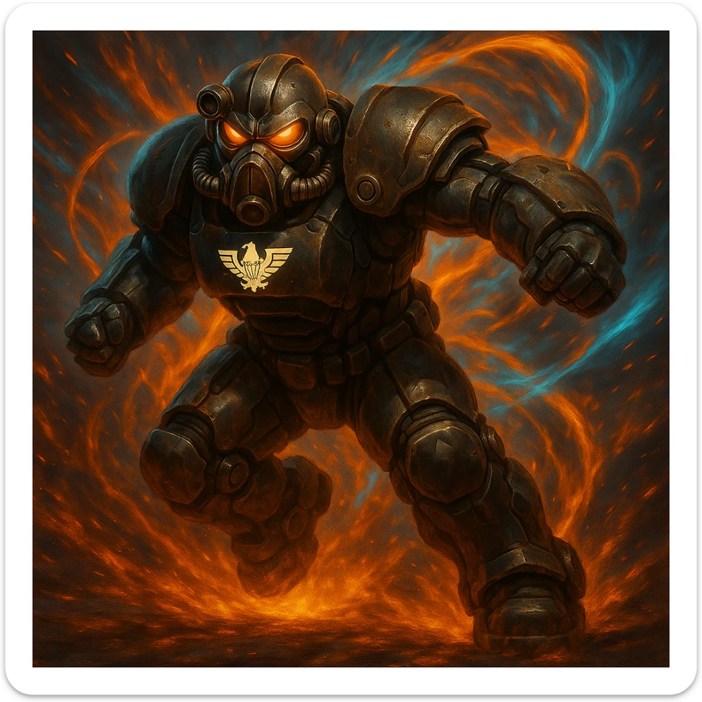 Add the Enclave logo to the chest of the X-01 power armor in a dynamic action pose. Include sparks and energy effects around the armor, ensuring the logo stands out prominently. sticker