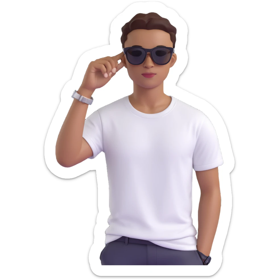 cartoon emoji of Omah Lay wearing a white t-shirt and sunglasses, confident pose, fun and expressive sticker