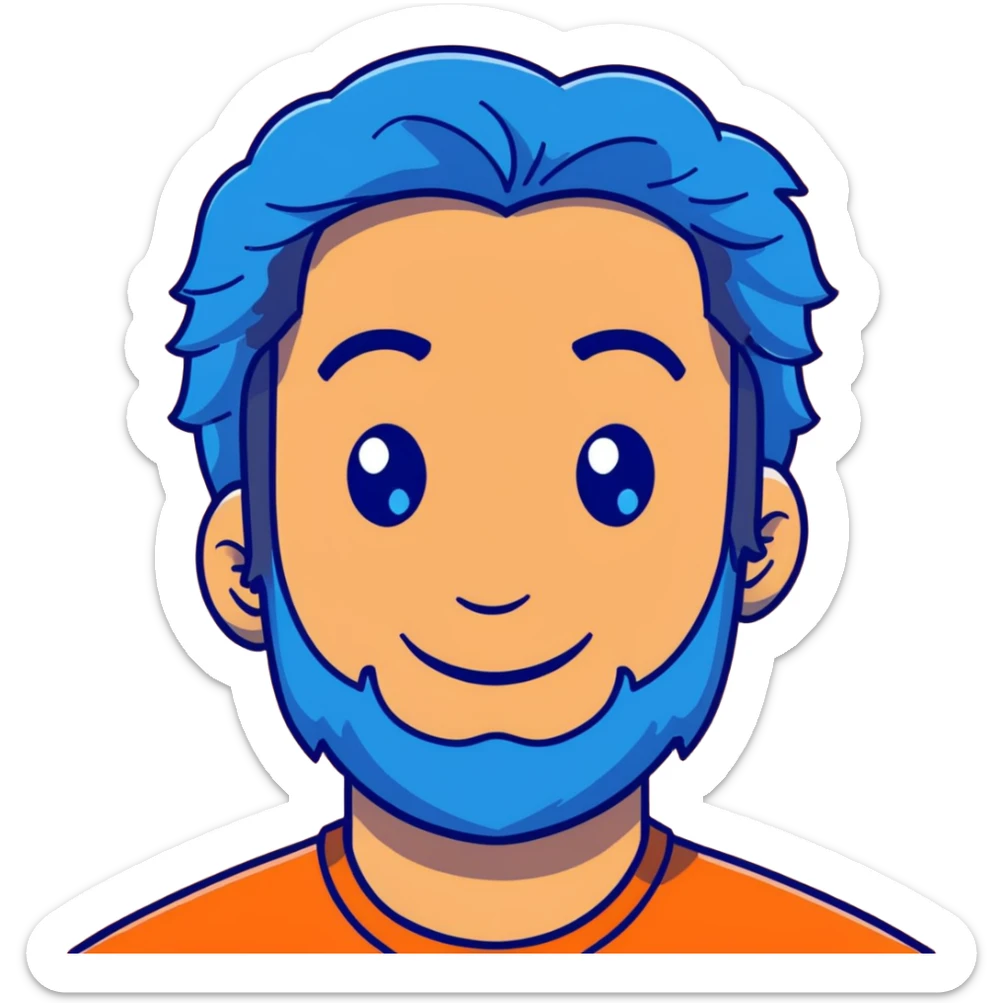 Lebanese man with one blue eye and one brown eye, light beard, kind smile, blue shirt, brown longish wavy hair sticker