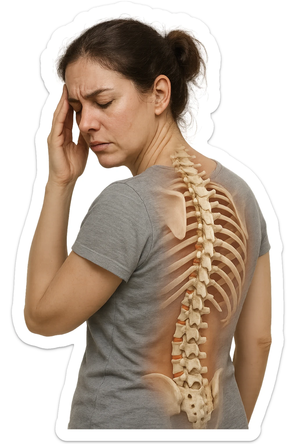 donna stanca che si tiene una mano sulla tempia con spina dorsale anatomica visibile, iperrealistico 4k sticker