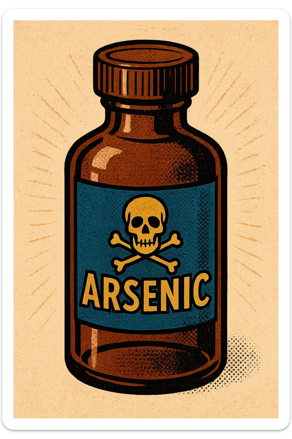A closed medicine bottle with the word arsenic written on the bottle with a poison symbol sticker