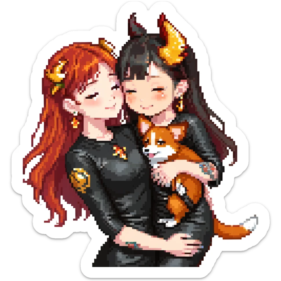 Asian girl with long hair and wispy bangs, black leather dress, gold earrings, subtle false lashes, 3/4 sleeve tattoo with phoenix and dragon on left arm, hugging joyful red head tri-color corgi sticker