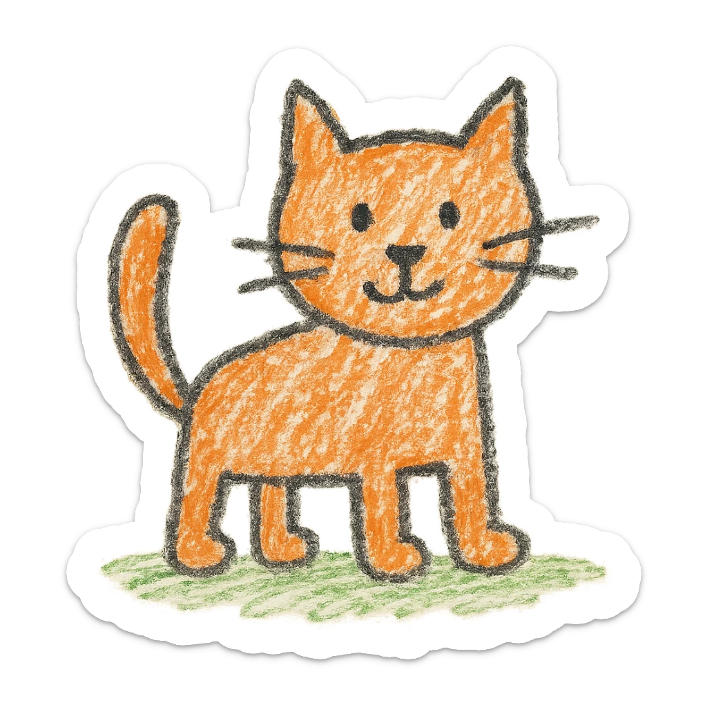 cat drawn with wobbly lines like a baby hand, crayon style with a smeared color effect sticker