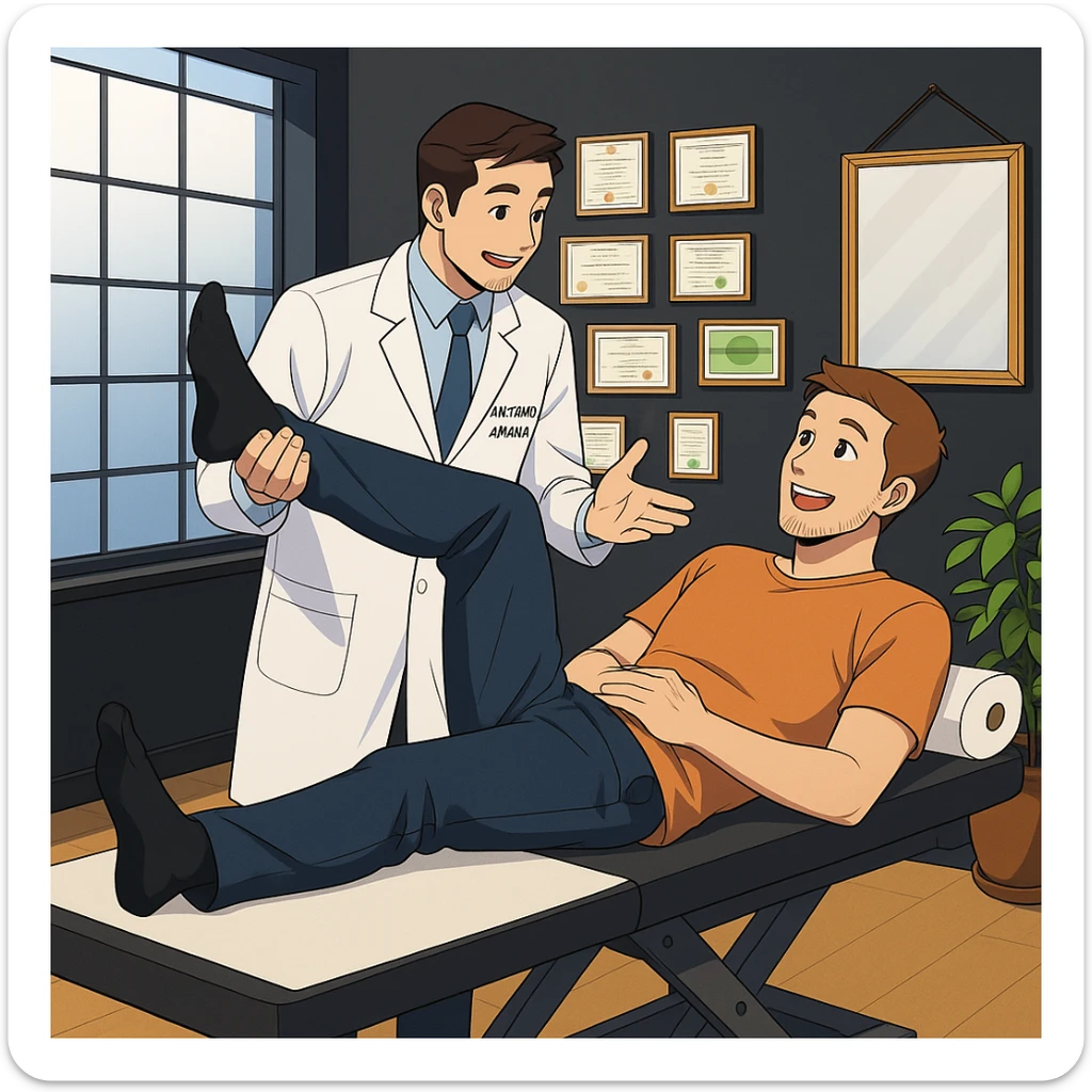 su questo lettino rappresenta un webtoon manga a colori con questo stile, in cui un uomo è steso sul lettino medico e il kinesiologo con il camice bianco (fagli anche la scritta "ANTONIO ANANIA" SUL CAMICE, gli solleva una gamba per fargli il test neuromuscolare, IL KINESIOLOGO SPIEGA ALL'UOMO UNA cosa mentre gli alza la gamba. l'espressione dell'uomo è felice e soddisfatta, non fare i fumetti però, fai solo in modo che sembri stiano parlando sticker