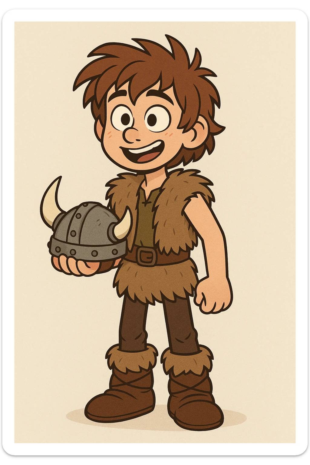 young Viking boy from How to Train Your Dragon, brown hair, wearing fur vest and boots, holding a helmet, colorful cartoon style sticker