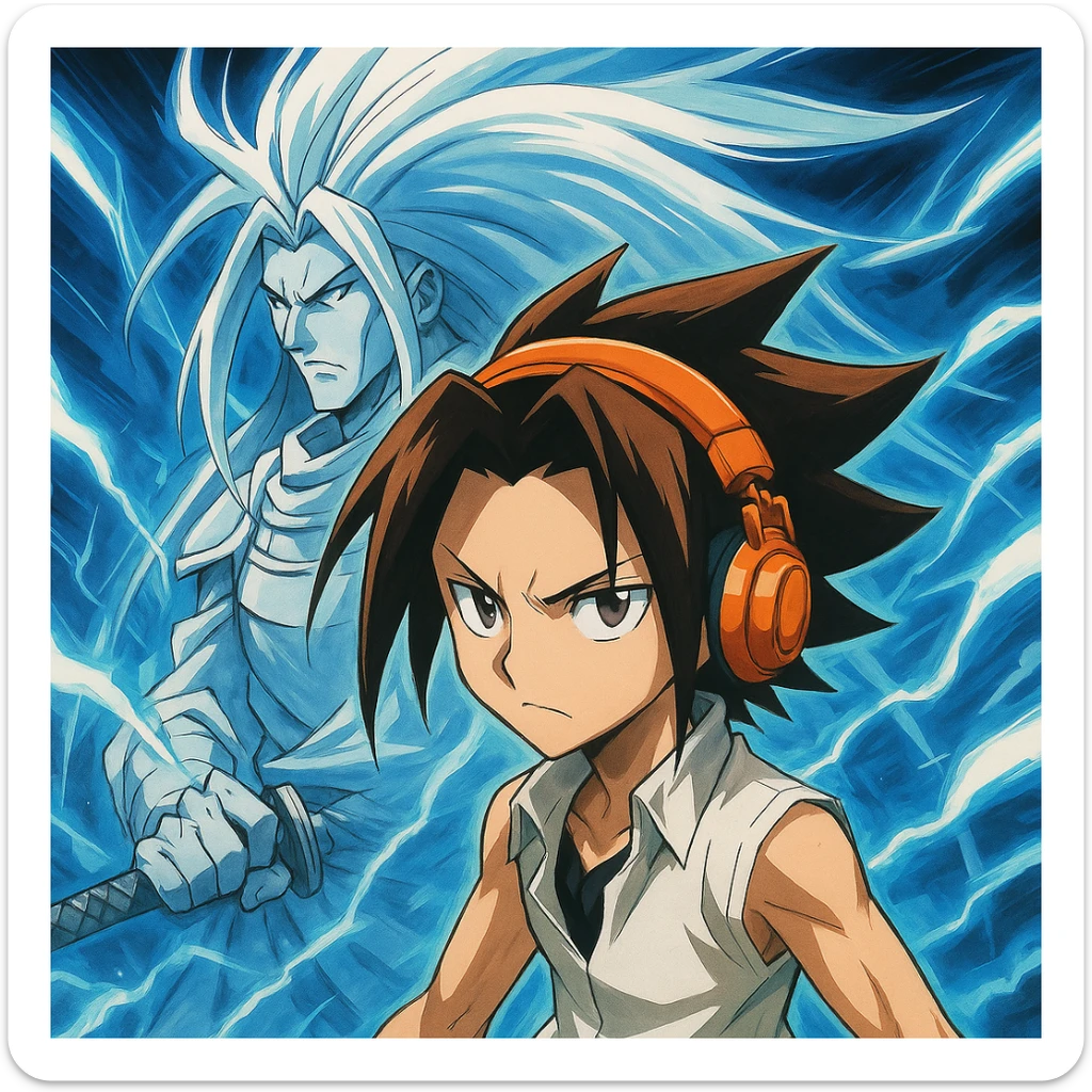 Yoh Asakura, determined look, spiky brown hair, orange headphones, with Amidamaru spirit behind him, anime style sticker