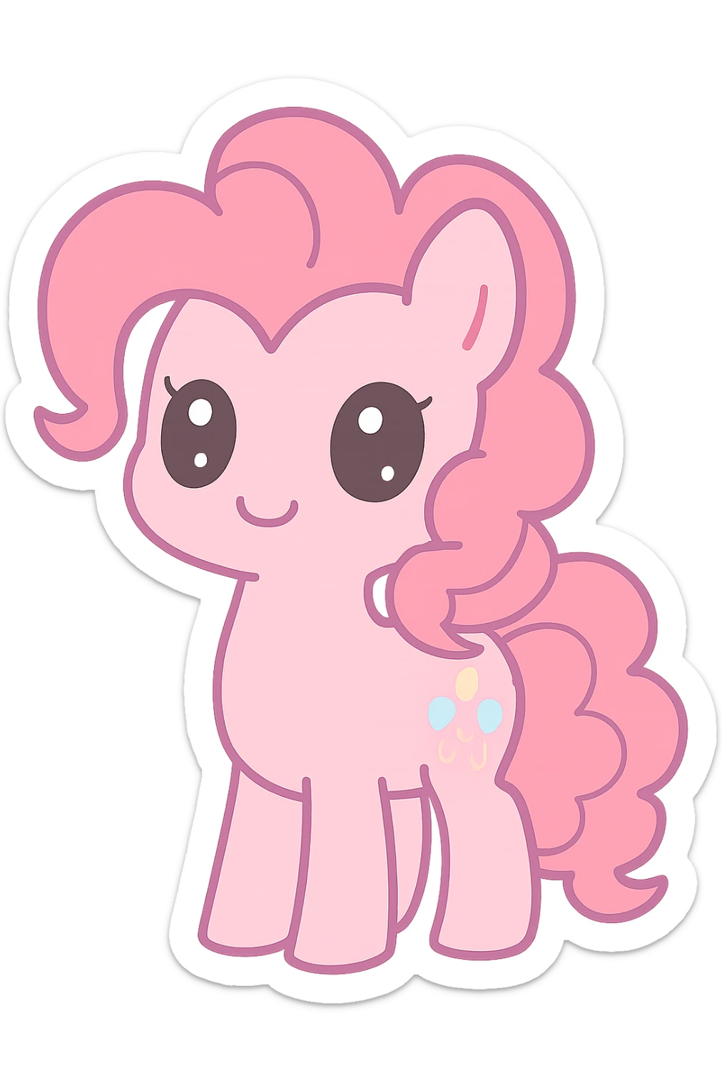 Pinkie Pie from My Little Pony, kawaii style, big eyes, cute smile, pink color, curly mane and tail sticker
