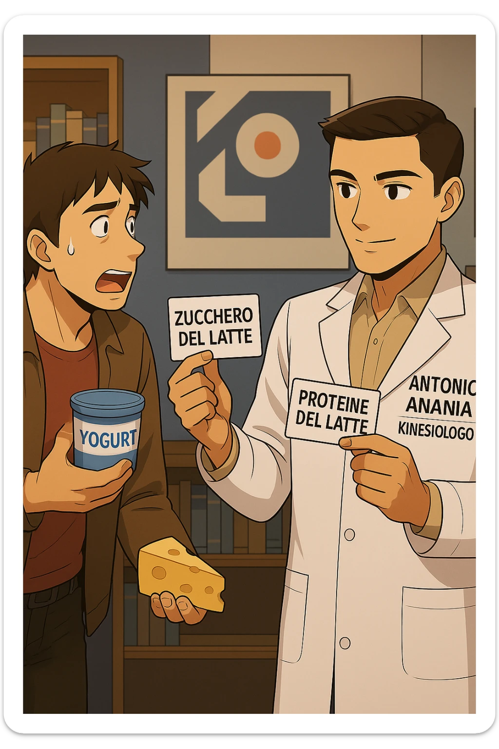 fai un webtoon manga a colori con questo stile, in cui un uomo fa una domanda al kinesiologo con il camice bianco (fagli anche la scritta "ANTONIO ANANIA" SUL CAMICE, l'uomo chiede una cosa mostrando un formaggio e uno yogurt al kinesiologo con il camice, IL KINESIOLOGO annuisce e SPIEGA ALL'UOMO UNA cos. L'UOMO ha un ESPRESSIONE CONFUSA IN VOLTO. non fare i fumetti però, fai solo in modo che sembri stiano parlando sticker