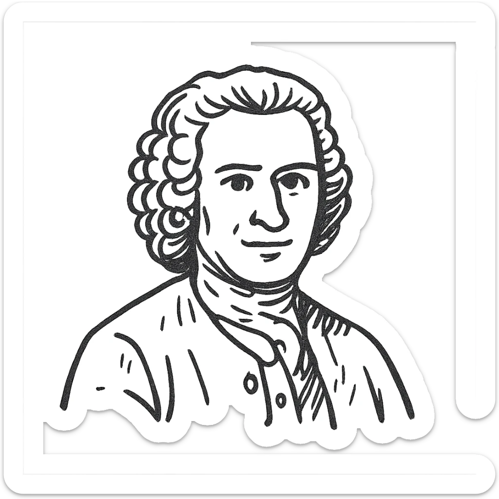 hand-drawn black and white portrait of Jean-Jacques Rousseau, no fill, only outlines, sketchy style sticker