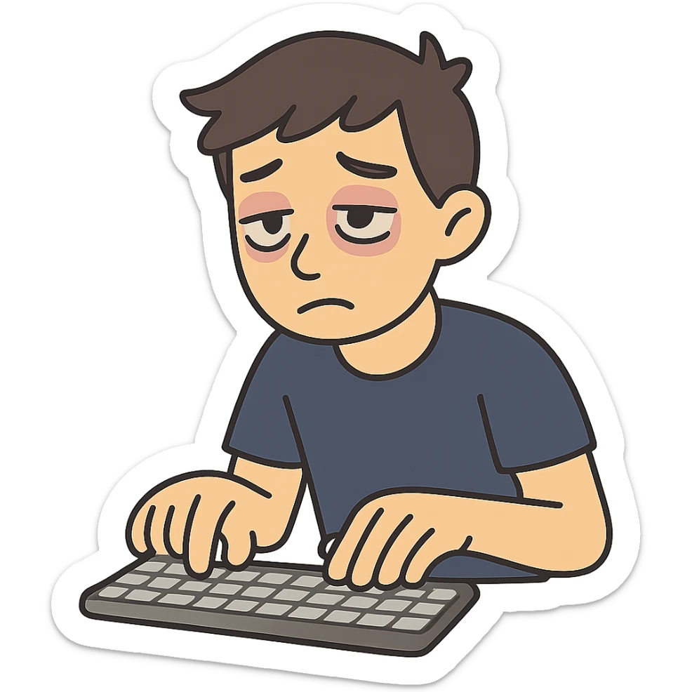 flat toon style of a person with bags under their eyes, typing on a keyboard sticker