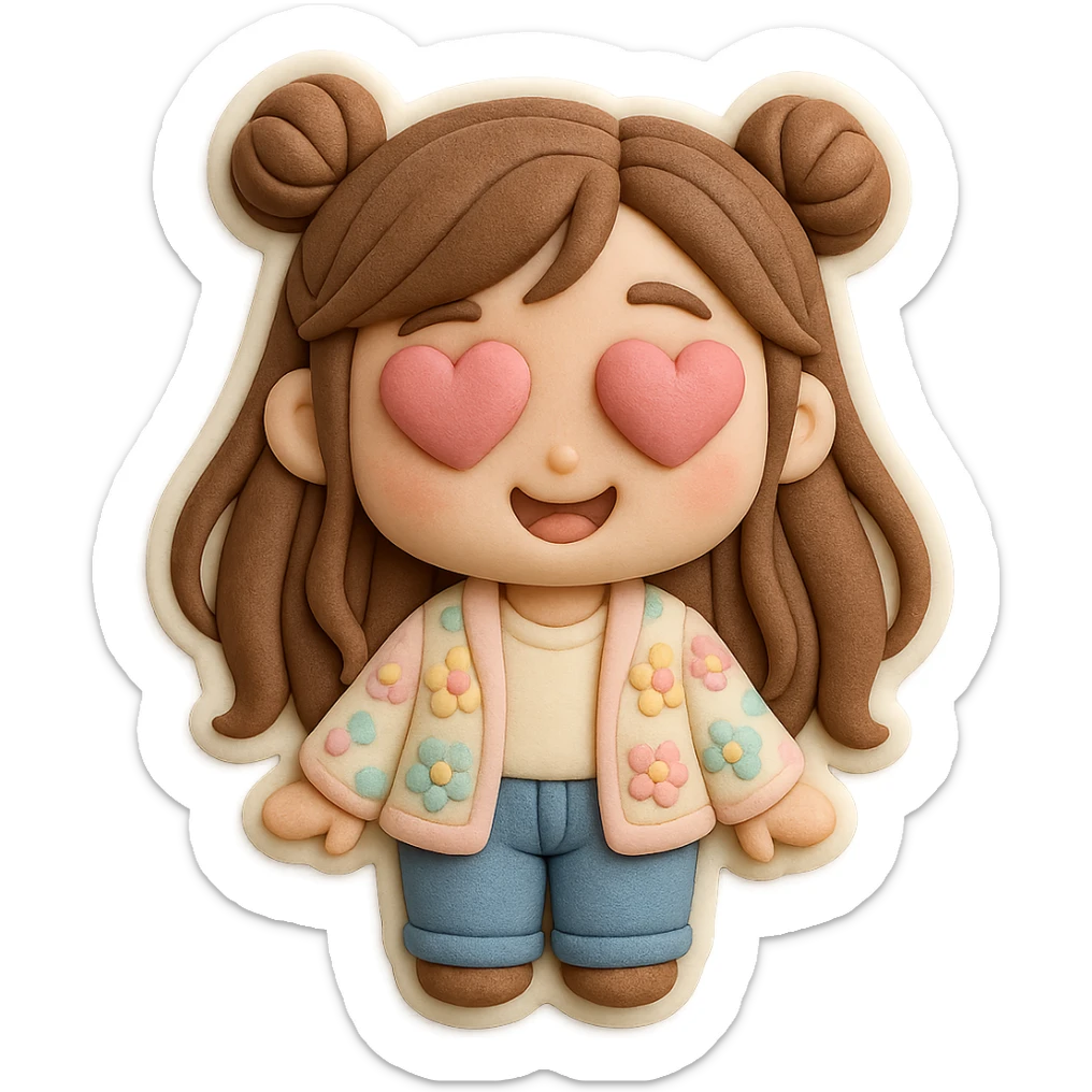 3D chibi fondant cake art style, high-quality rendering with smooth shadows and soft gradients. Girl with long brown hair in two space buns, brown eyes, jeans, pastel floral cardigan, thick white outline like a sticker, transparent background. In love, hearts in her eyes, preserve facial features from reference image. sticker
