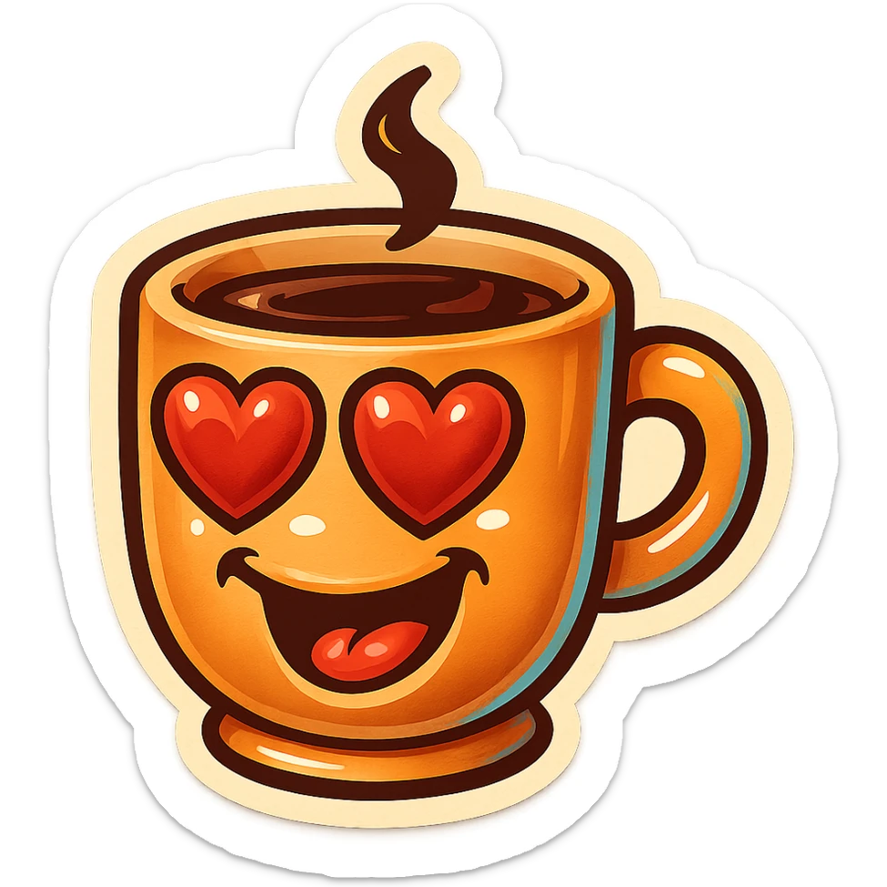 coffee cup creature, big heart eyes, dopey smile sticker
