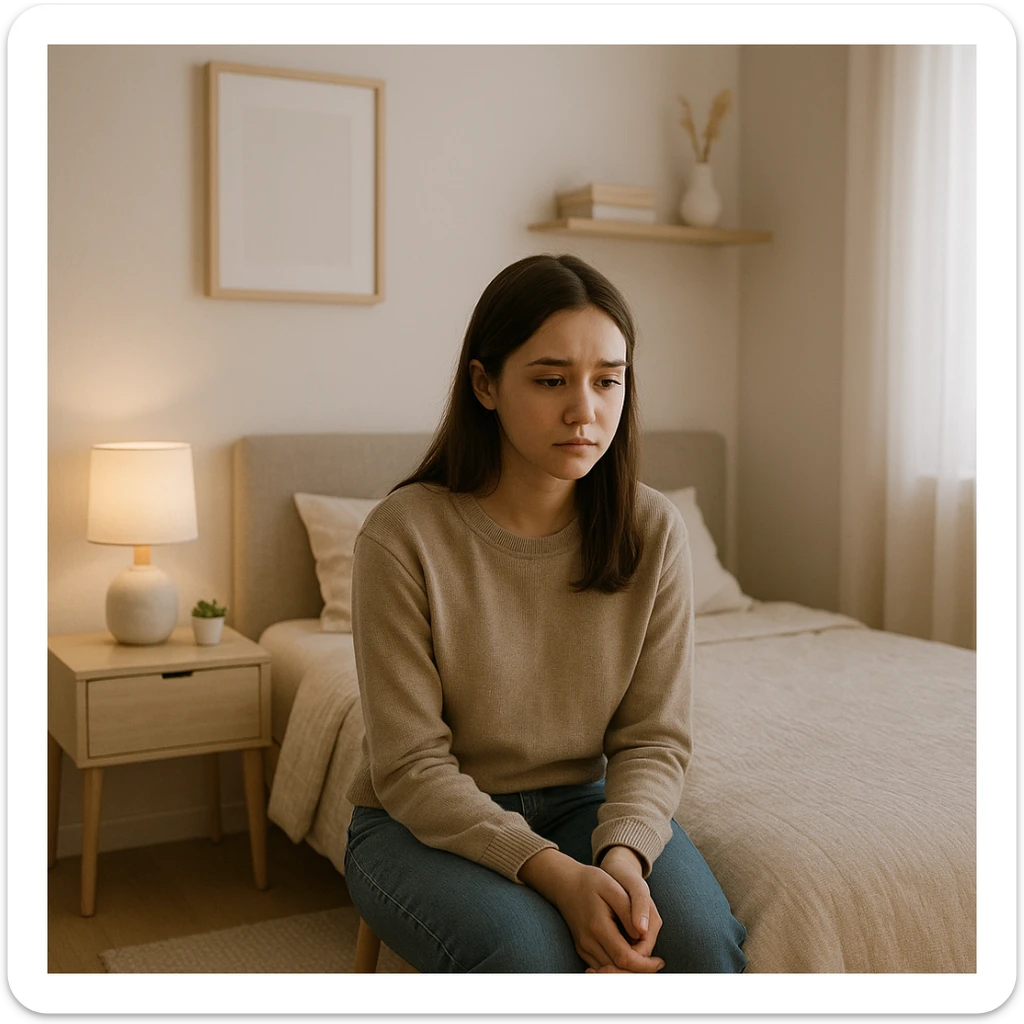 Edit the image to show the girl in the bedroom looking sad. Remove any CityScent product from the scene, especially from the table. Keep the room looking the same as before, maintaining a modern and clean Instagram store style with a cozy minimal bedroom atmosphere. sticker
