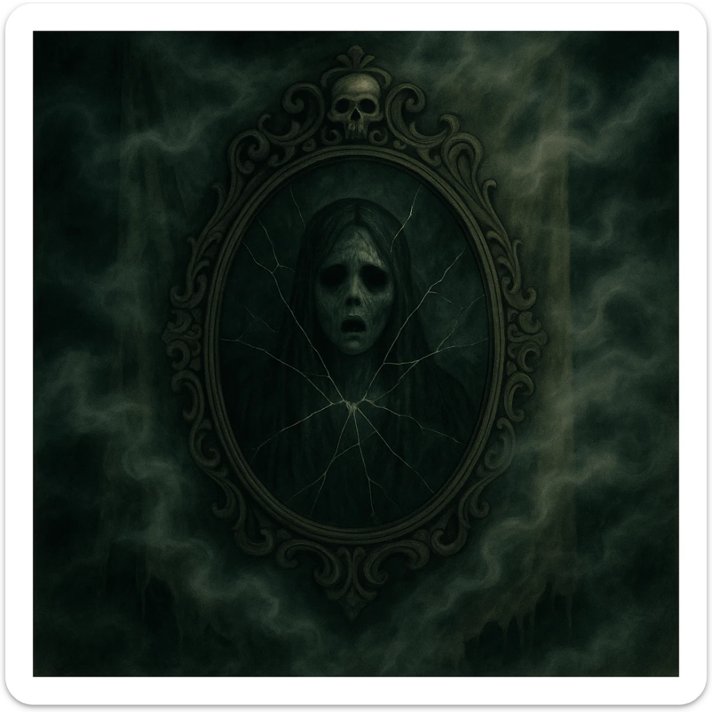 Add thick fog and swirling mist throughout the scene to enhance the creepy atmosphere, keep all other details unchanged. sticker