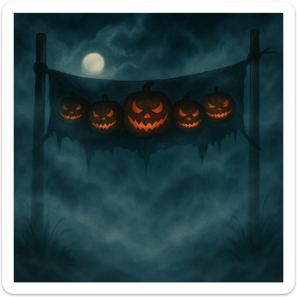 Add thick fog and swirling mist throughout the scene to enhance the creepy atmosphere, keep all other details unchanged. sticker