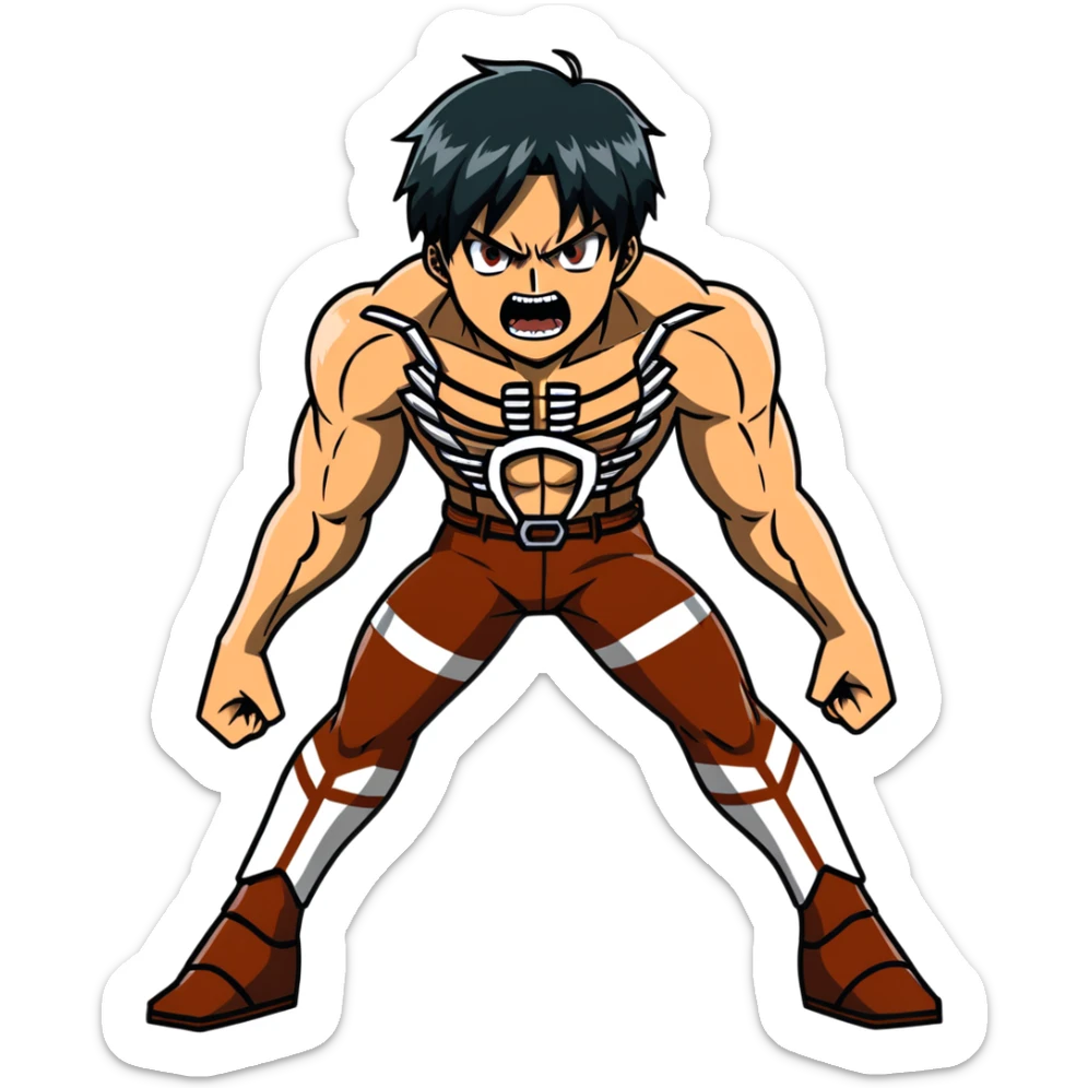 Eren's Attack Titan form, aggressive pose, muscular body with long dark hair sticker