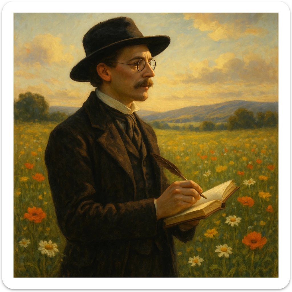 a nature poet in classic costume, chapeau, and round glasses, standing in a field of flowers, pen in hand, inspired by the landscape sticker
