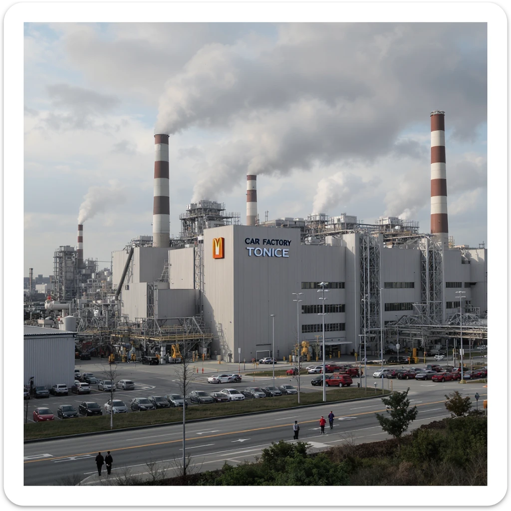 Realistic car factory exterior, large industrial building with smokestacks, parking lots filled with cars, factory grounds with machinery and equipment, realistic lighting and shadows, industrial atmosphere, workers in uniforms walking around, company logo on the building sticker