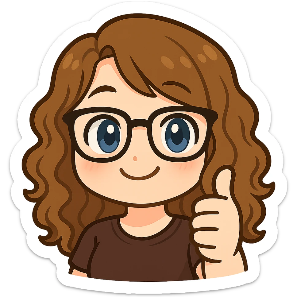 Create a chibi sticker emoji of this person with glasses and curly hair, smiling and giving a thumbs up, in Twitch emote style, with a transparent background. sticker