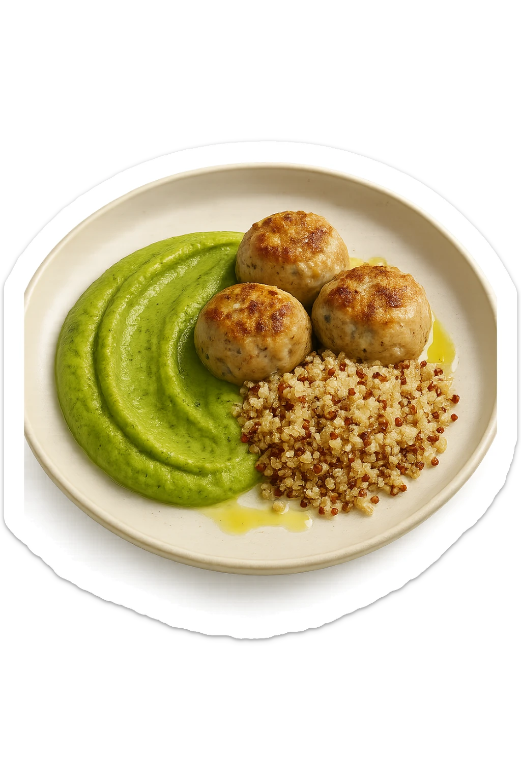 polpette di tacchino, purè di zucchine, quinoa e olio di oliva, iperrealistico 4k sticker