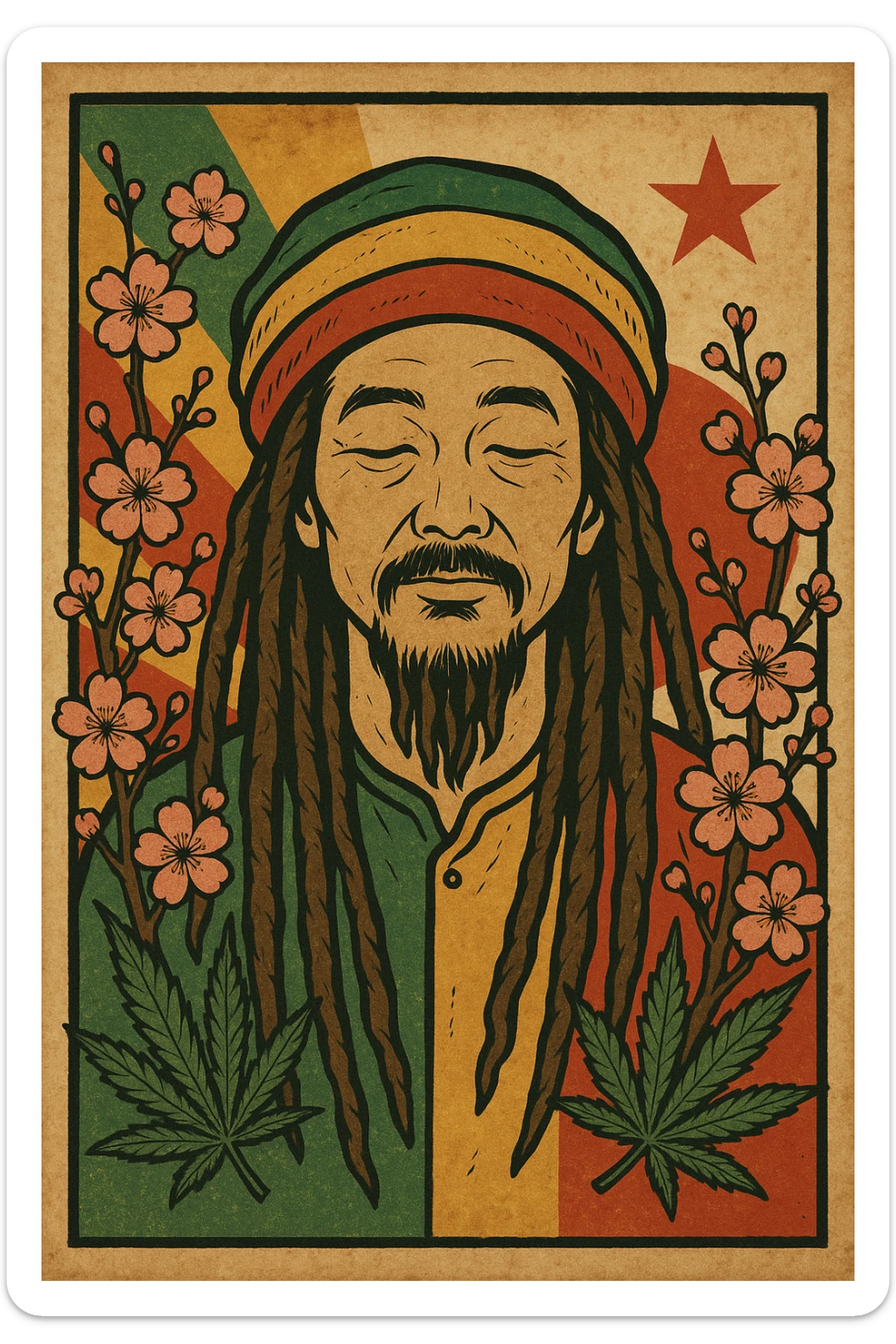 Vintage poster of an Asian Rasta with long dreadlocks, peaceful eyes, and a red-gold-green tam. Surrounded by cherry blossoms and ganja leaves. Background blends Rasta colors into an Asian flag (e.g., red sun from Japan or Chinese star). Retro reggae fusion vibe, with bold lines and aged paper texture.
 sticker