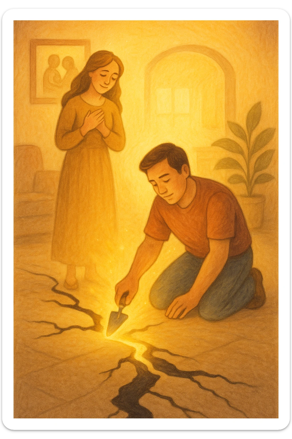 Vertical format: The man symbolically repairing a crack in the floor, the woman watching him with gratitude, negative energy dissolving, harmonious family environment. sticker