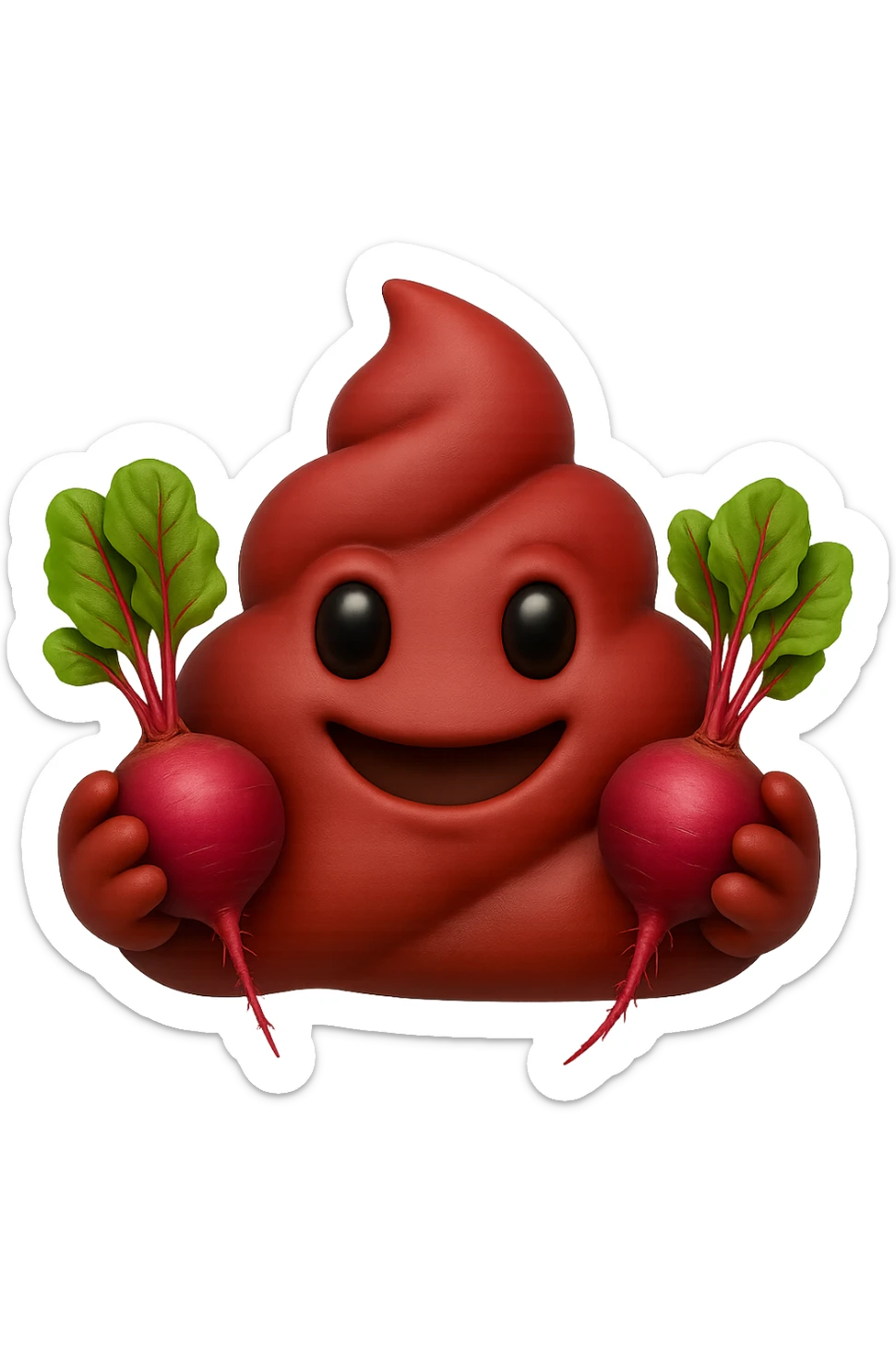 emoji stile iphone 3d di una cacca rossa con barbabietole in mano, iperrealistiche 4k sticker