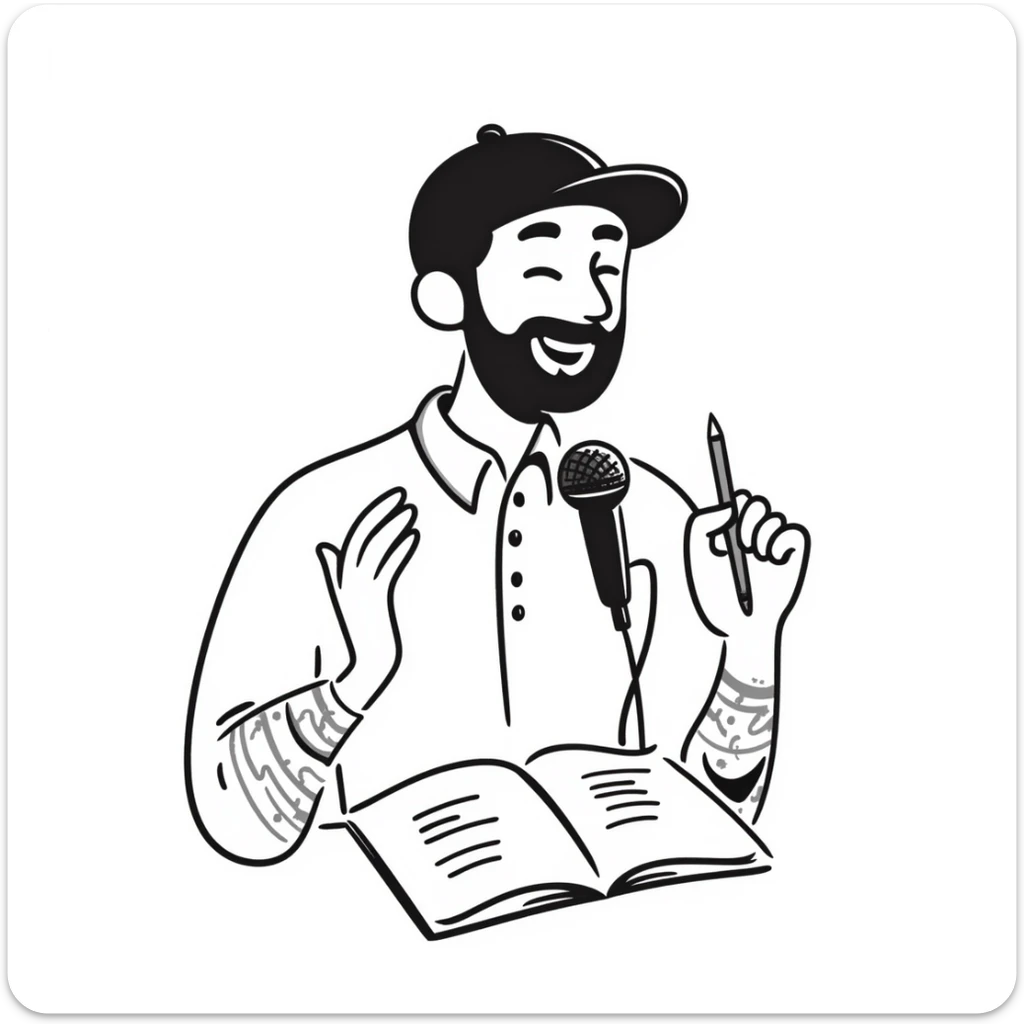 bearded songwriter in his 30s with backwards cap, enthusiastic smile, gripping microphone with one hand and pencil with other sticker