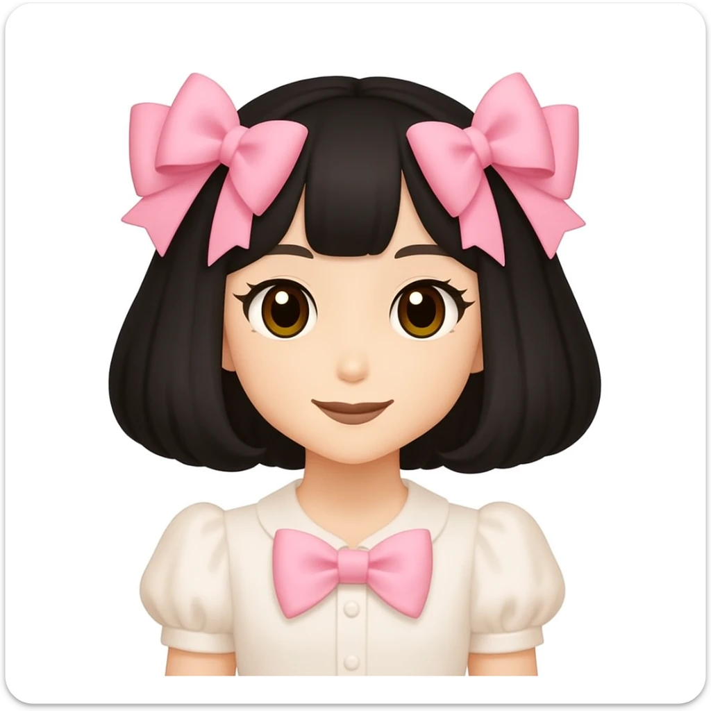 Create a cute girl similar to the reference image but with black hair in a bob cut (chanel style), pink bows in the hair, coquette style. Keep the same expression and outfit as the reference. The style should match the reference image's look and feel. sticker