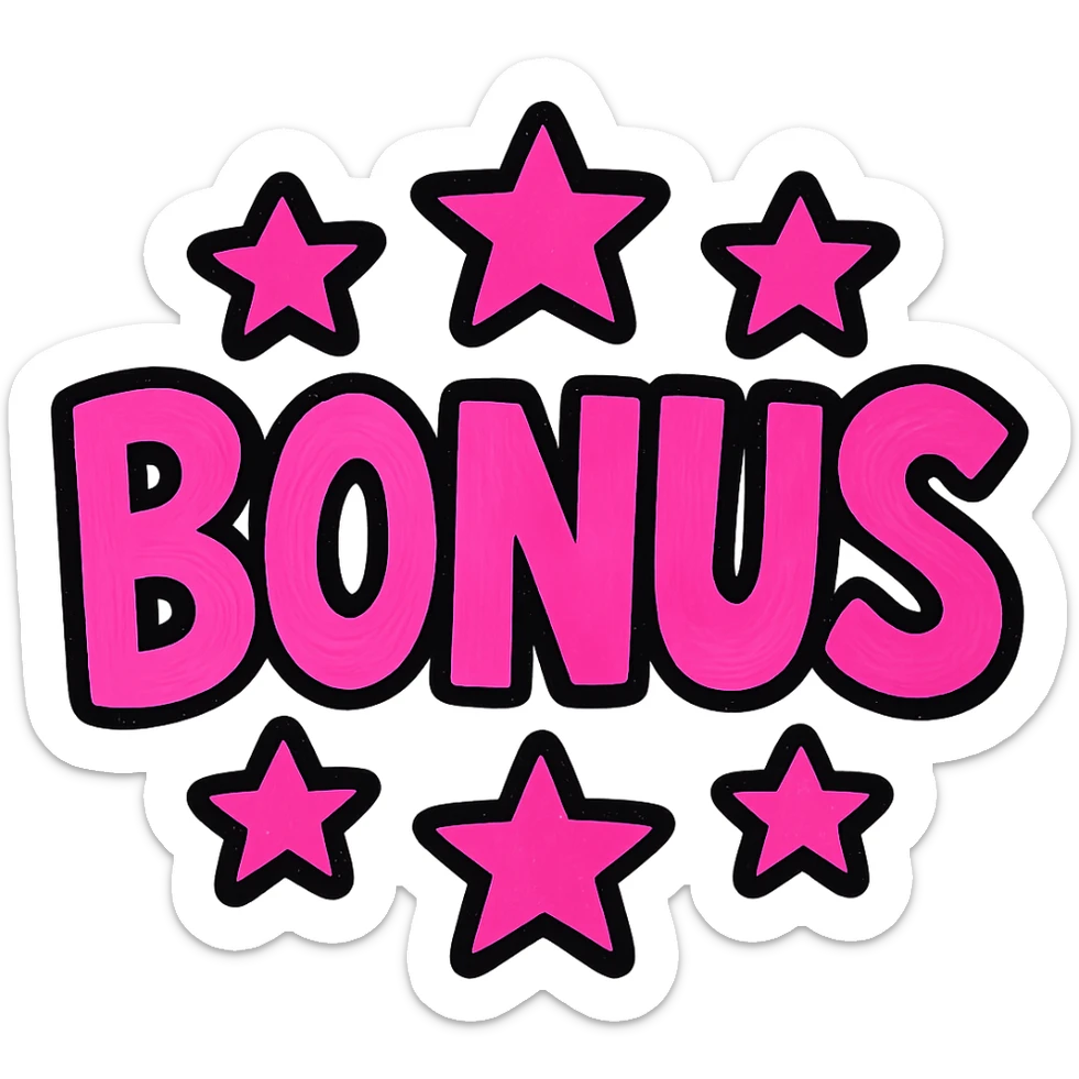 the word BONUS in large letters, all the same vibrant color, surrounded by stars, no background or sign behind, just the letters and stars, vibrant cartoon style sticker