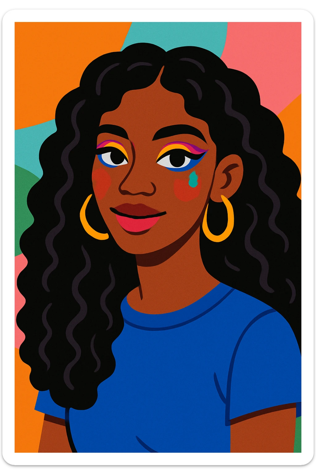 modern youthful style portrait of a brown-skinned woman with long, curly black hair, brown eyes, colorful makeup sticker