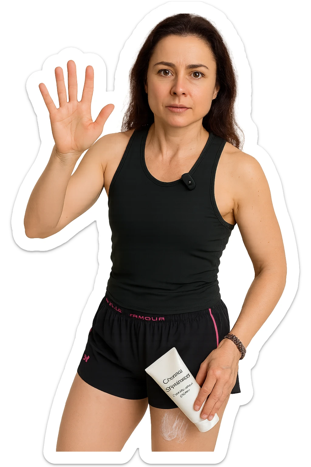 Donna con cellulite sulle cosce che usa una crema chiamata "Crema snellente" sticker