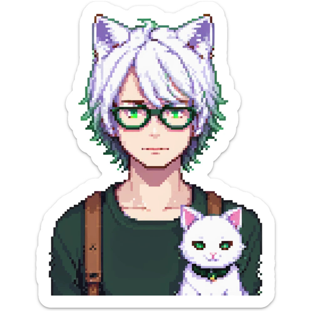 An anime guy with white hair, white cat ears, green eyes, and glasses, only head sticker