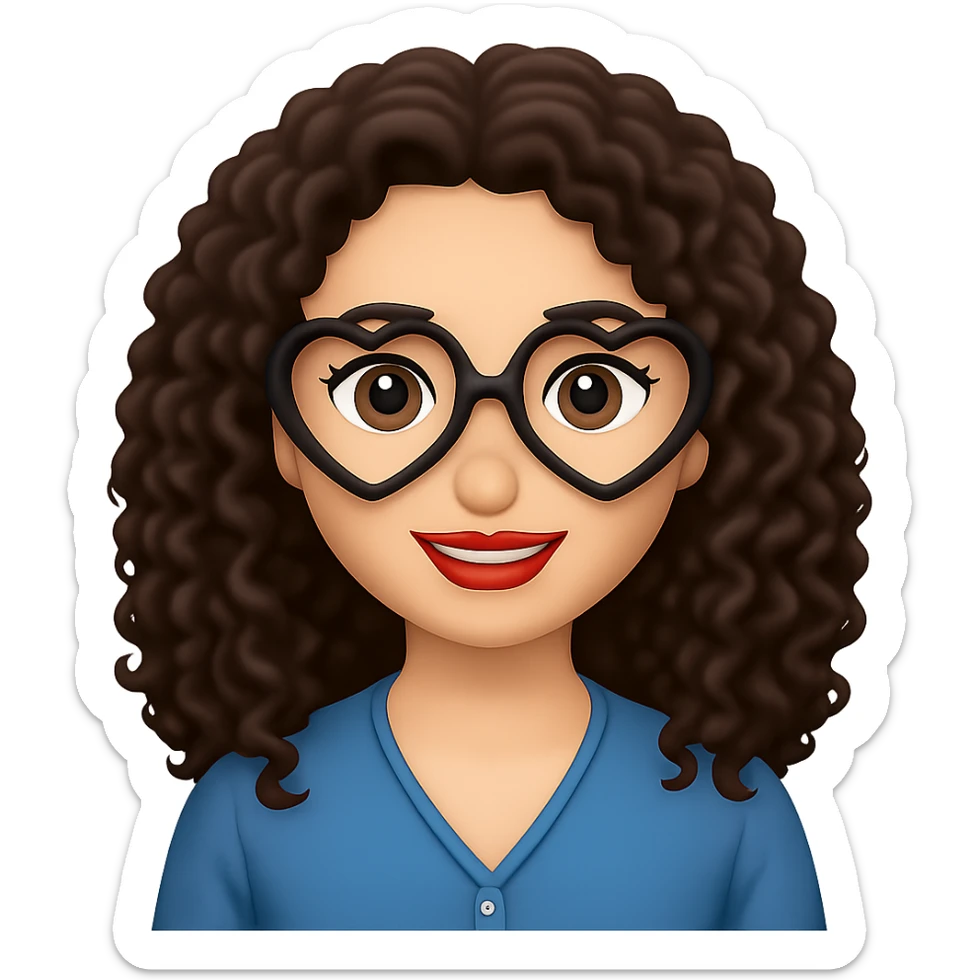 Change to heart-shaped glasses, keep lady with long dark brown curly hair, in emoji style with no background. sticker