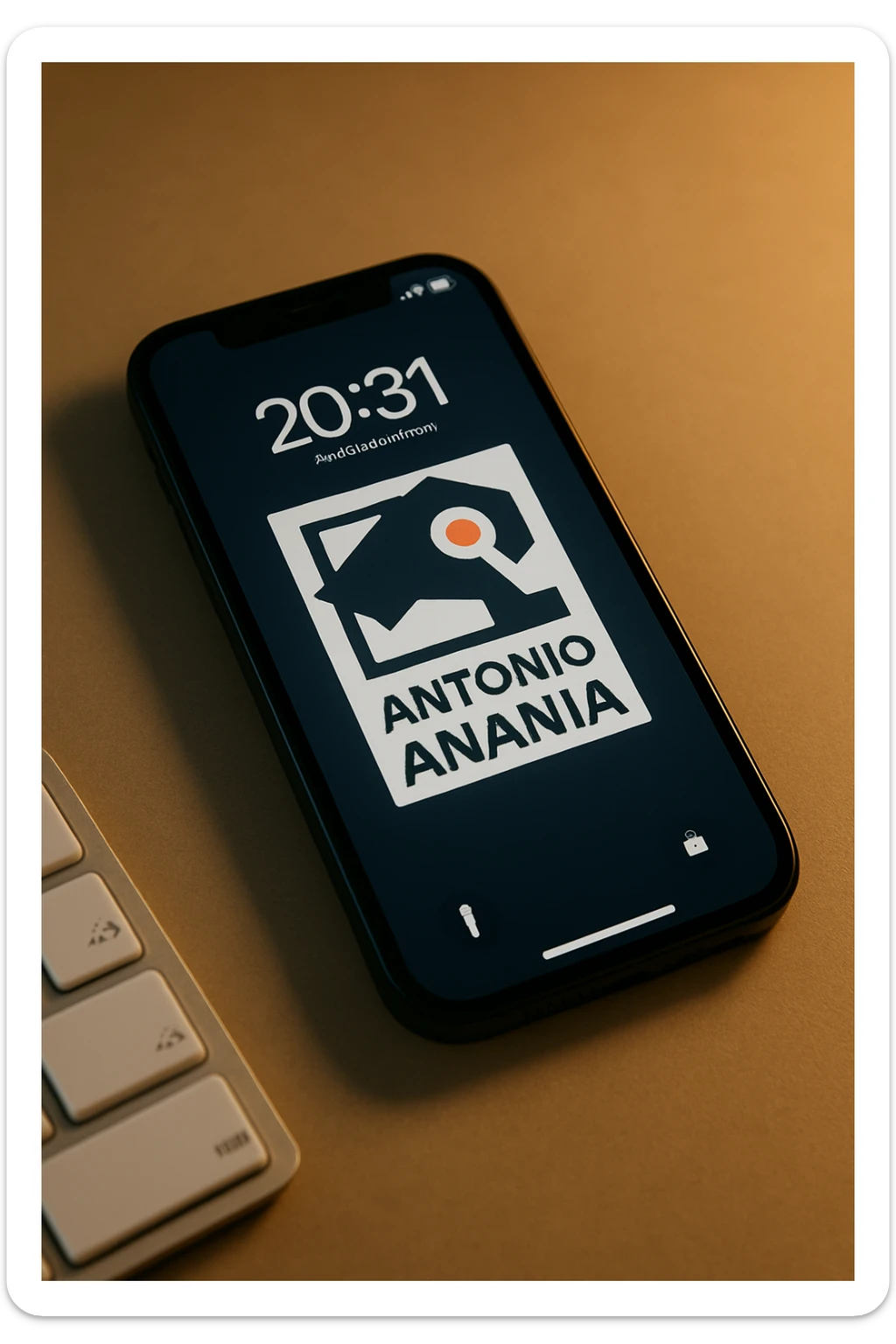 A photo of an iPhone with the message "Antonio Anania" on its screen, The phone sits atop a desk with a blurred background that suggests work environment. A faint glow from above casts gentle shadows across the surface of each object, creating depth and highlighting their textures sticker